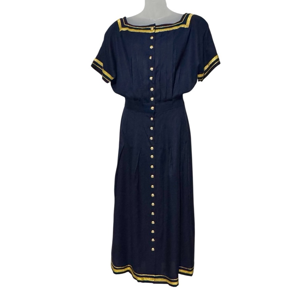 Sarah Elizabeth Navy Shirt Dress with Gold Trim, Sailor-ish